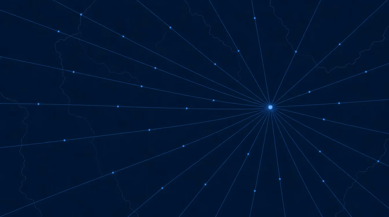 Thin routes converging from all edges into a single bright junction — a decision point