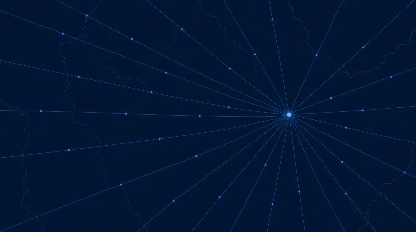 Thin routes converging from all edges into a single bright junction — a decision point