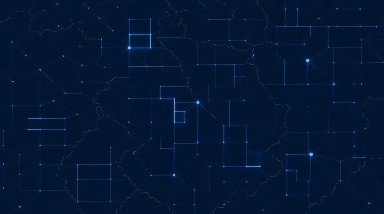Precise modular blocks assembling along a dark grid, newly placed blocks outlined brighter
