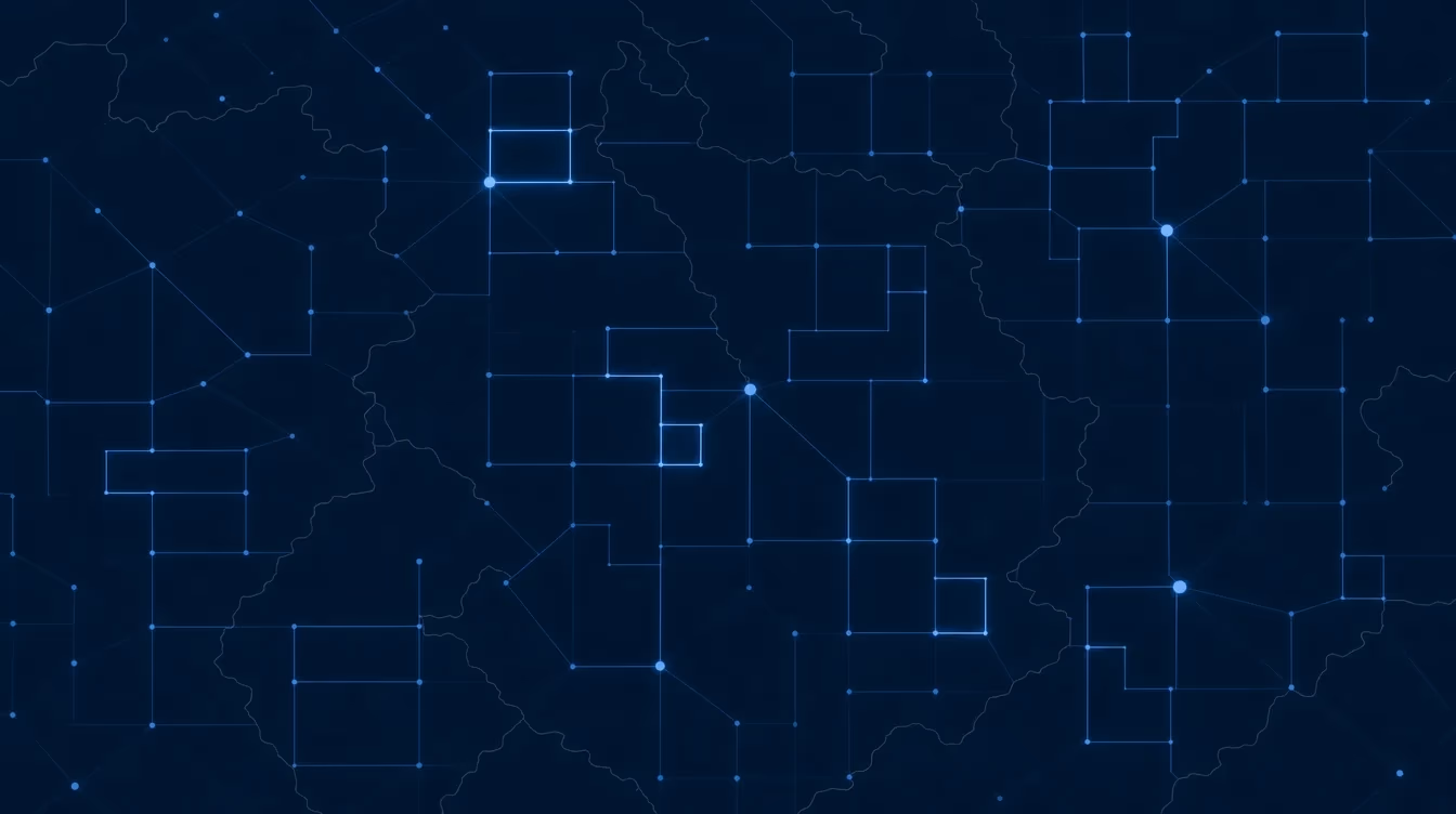 Precise modular blocks assembling along a dark grid, newly placed blocks outlined brighter