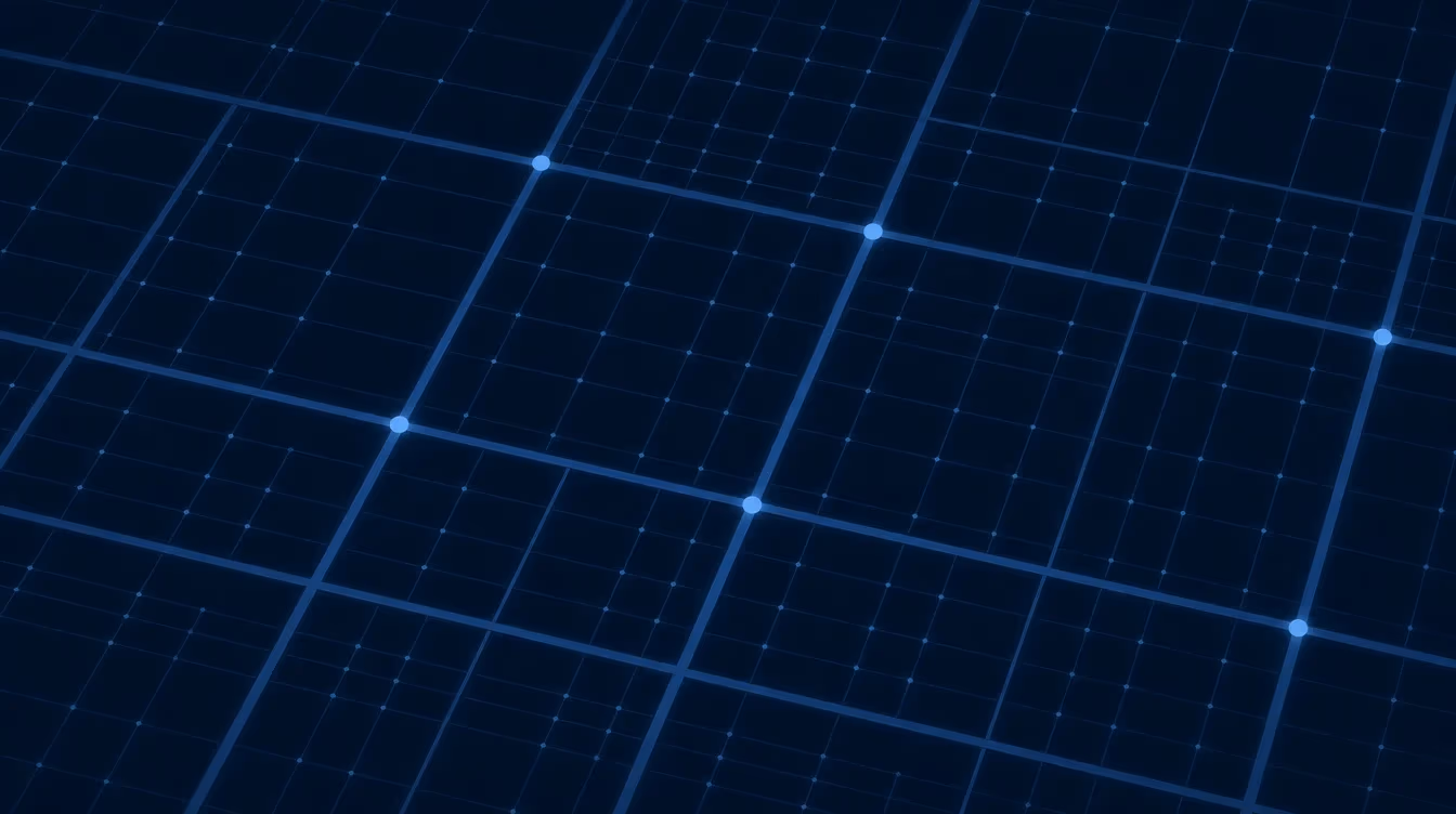 Abstract dark-blue topology of orthogonal foundation lines — the substrate everything rests on
