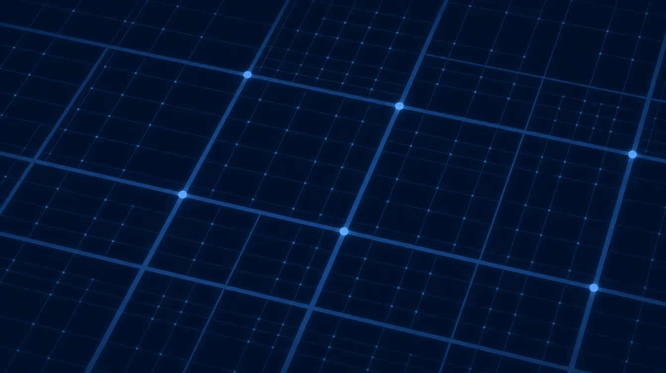 Abstract dark-blue topology of orthogonal foundation lines — the substrate everything rests on