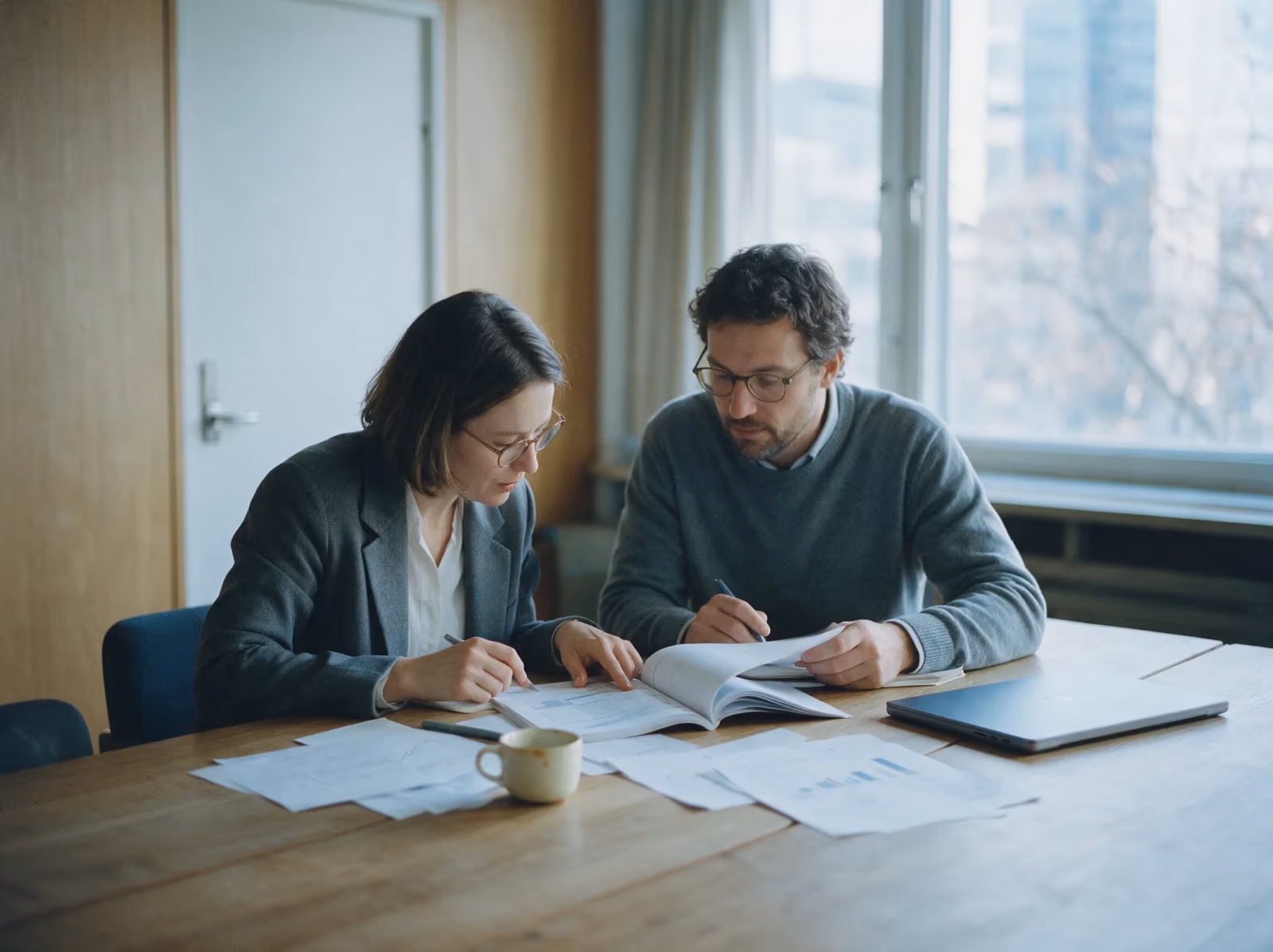 Two consultants working through a printed audit report together at a boardroom table