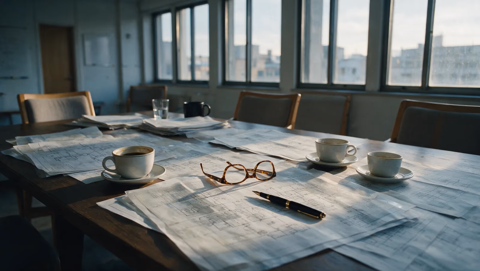 A conference table covered with printed architecture diagrams in afternoon window light