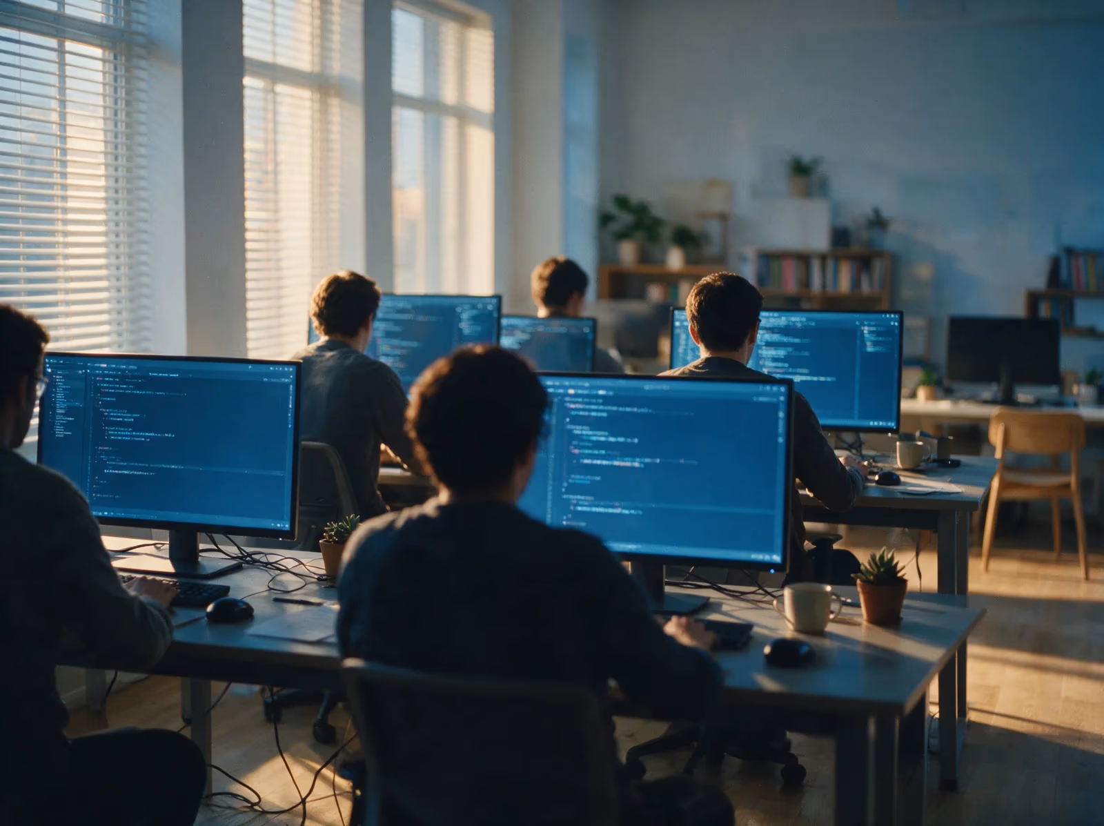 A row of engineers seen from behind, working heads-down at workstations in a calm studio office