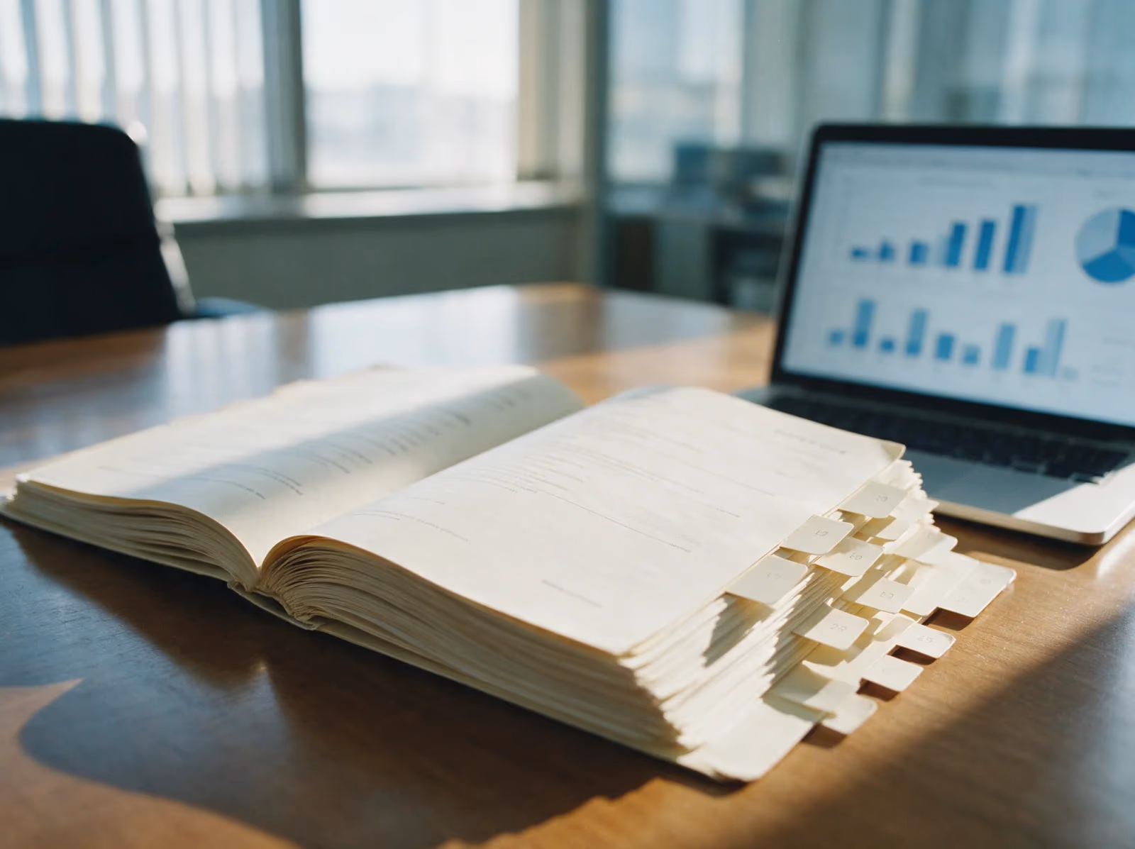 A printed compliance dossier with numbered index tabs beside a laptop showing charts, on a meeting-room table