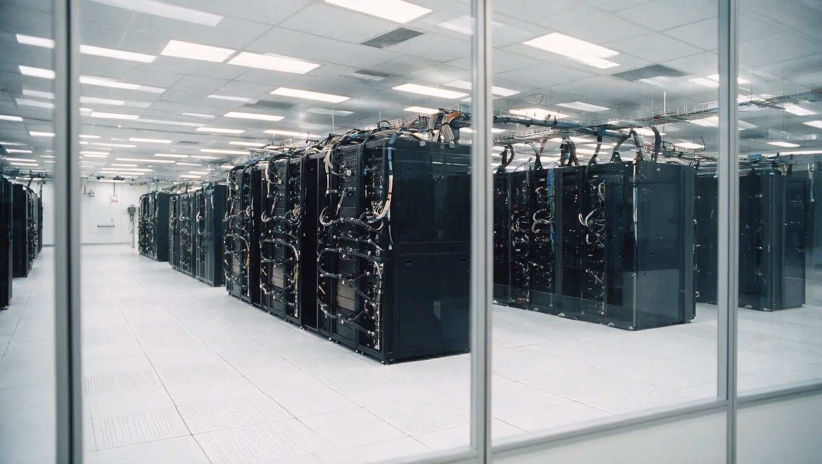 Rows of black compute racks in a bright machine room, seen through a glass partition