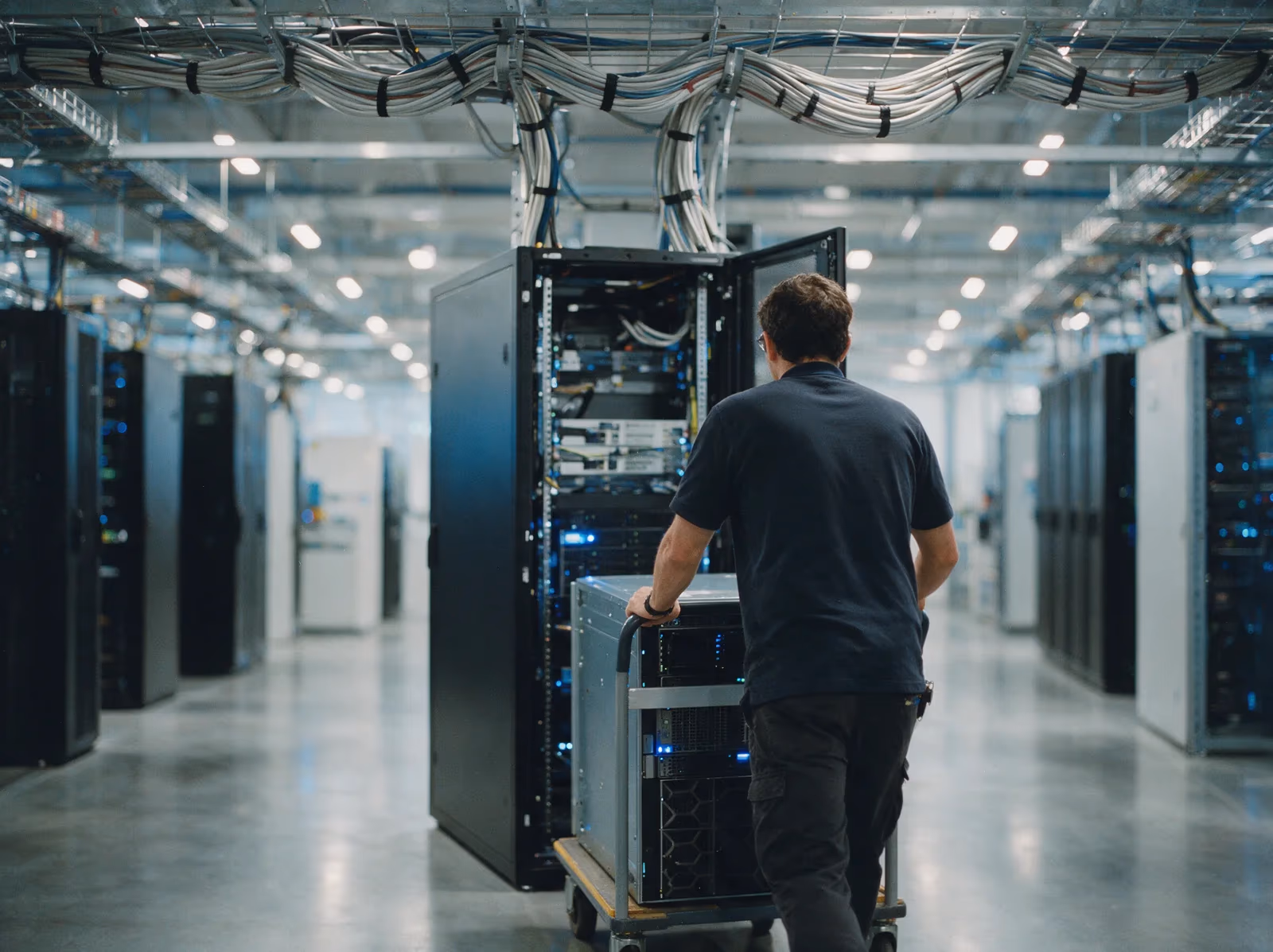 A technician wheeling a server unit on a trolley toward an open rack in a data-centre aisle