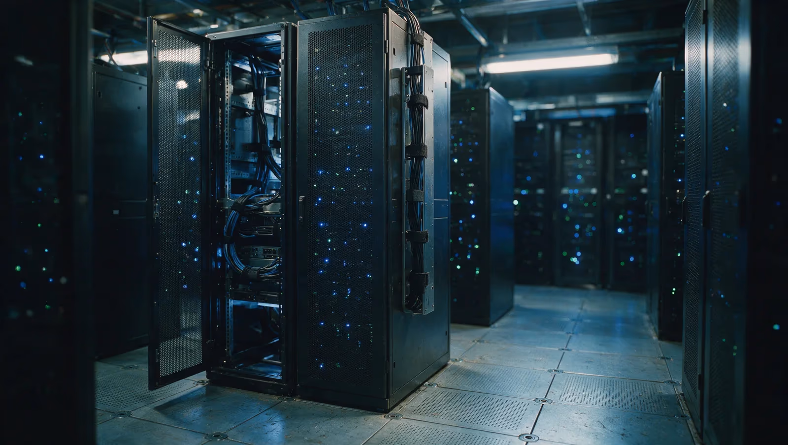 A datacenter cold aisle with rows of server racks and status lights