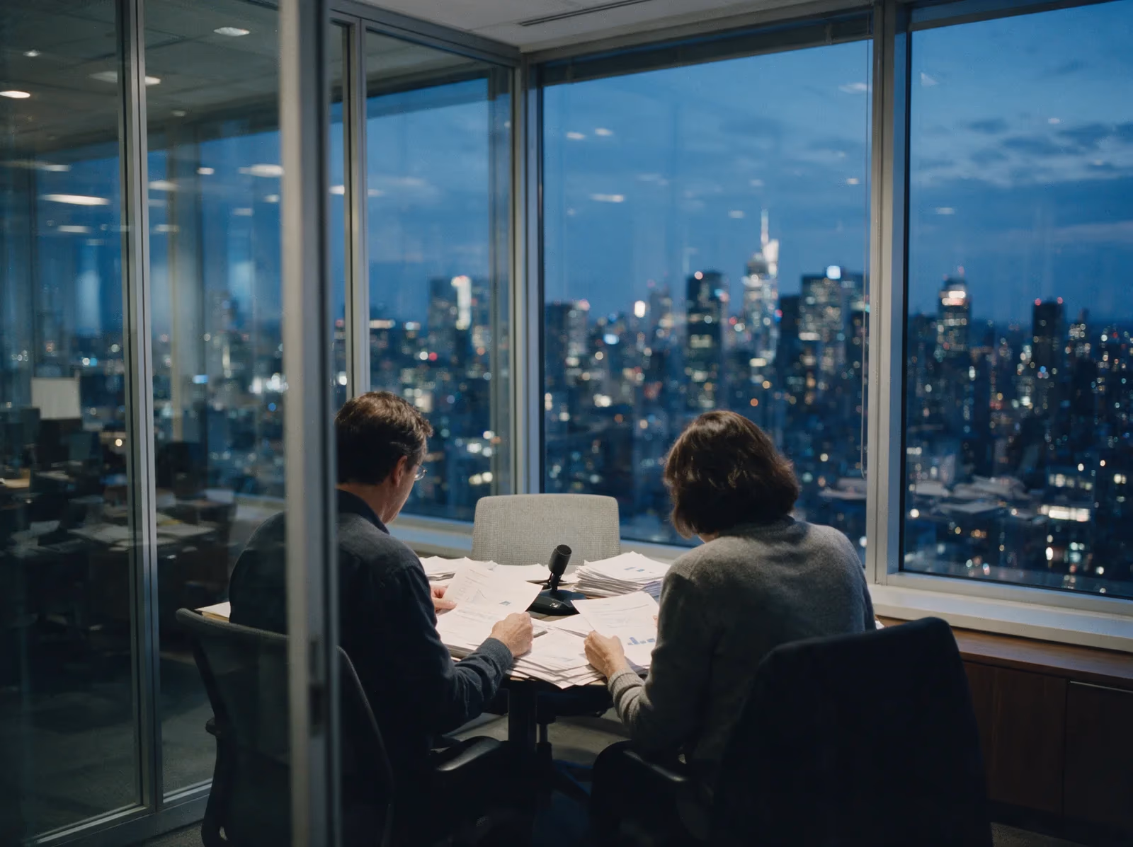 Two people seen from behind reviewing printed documents in a glass meeting room at dusk, city lights beyond the window