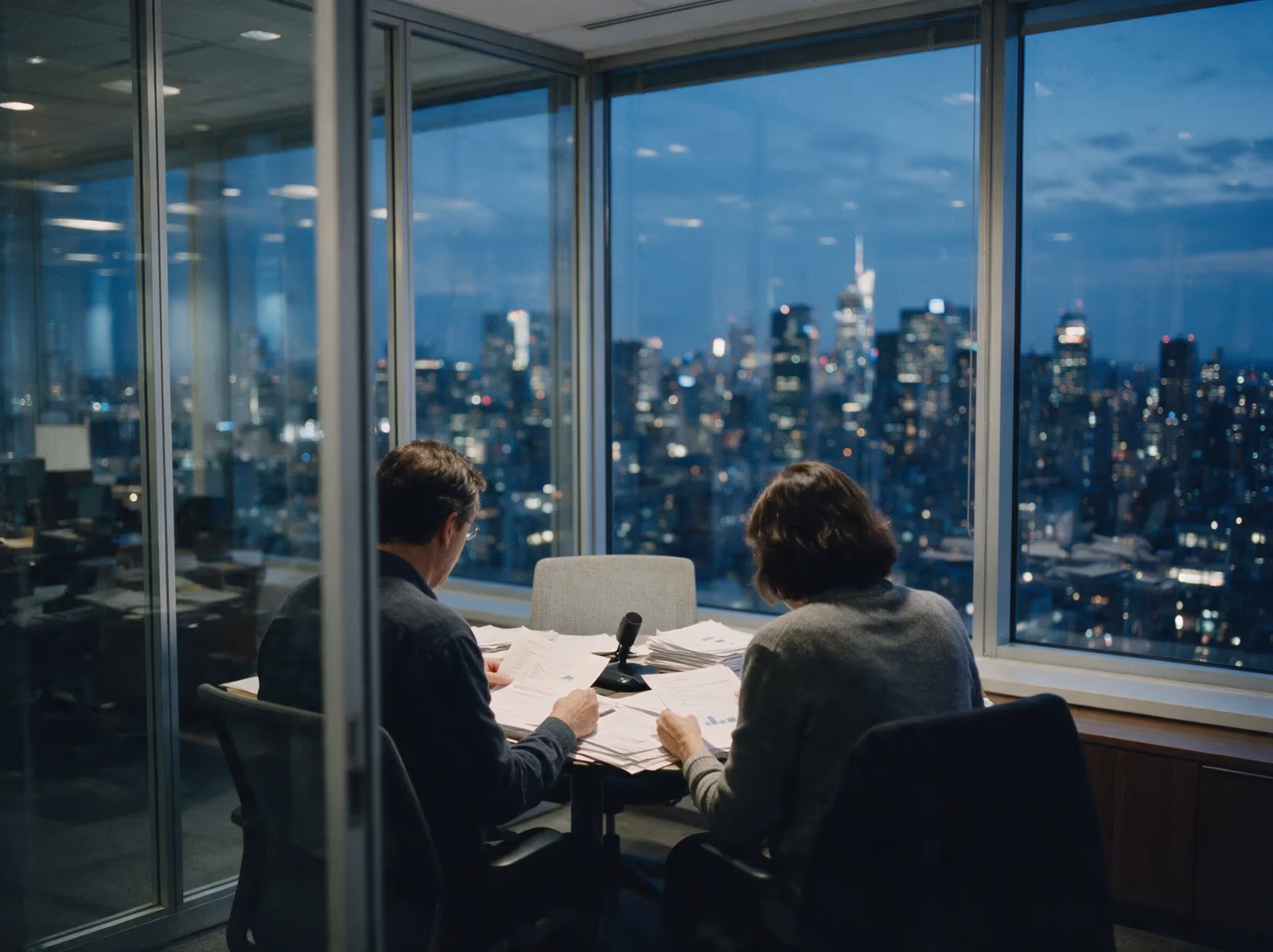Two people seen from behind reviewing printed documents in a glass meeting room at dusk, city lights beyond the window