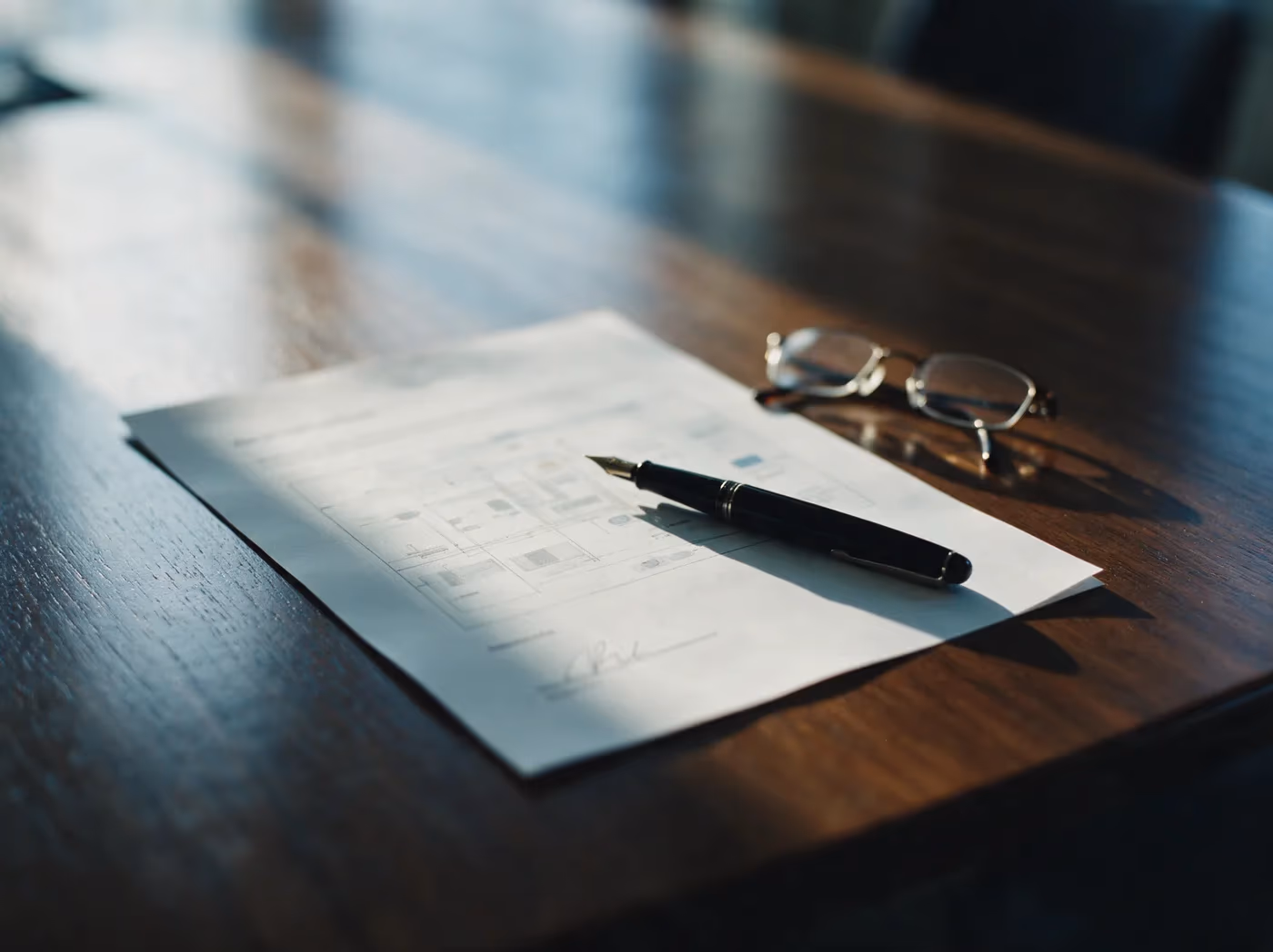A signed decision memo with a fountain pen and reading glasses on a boardroom table