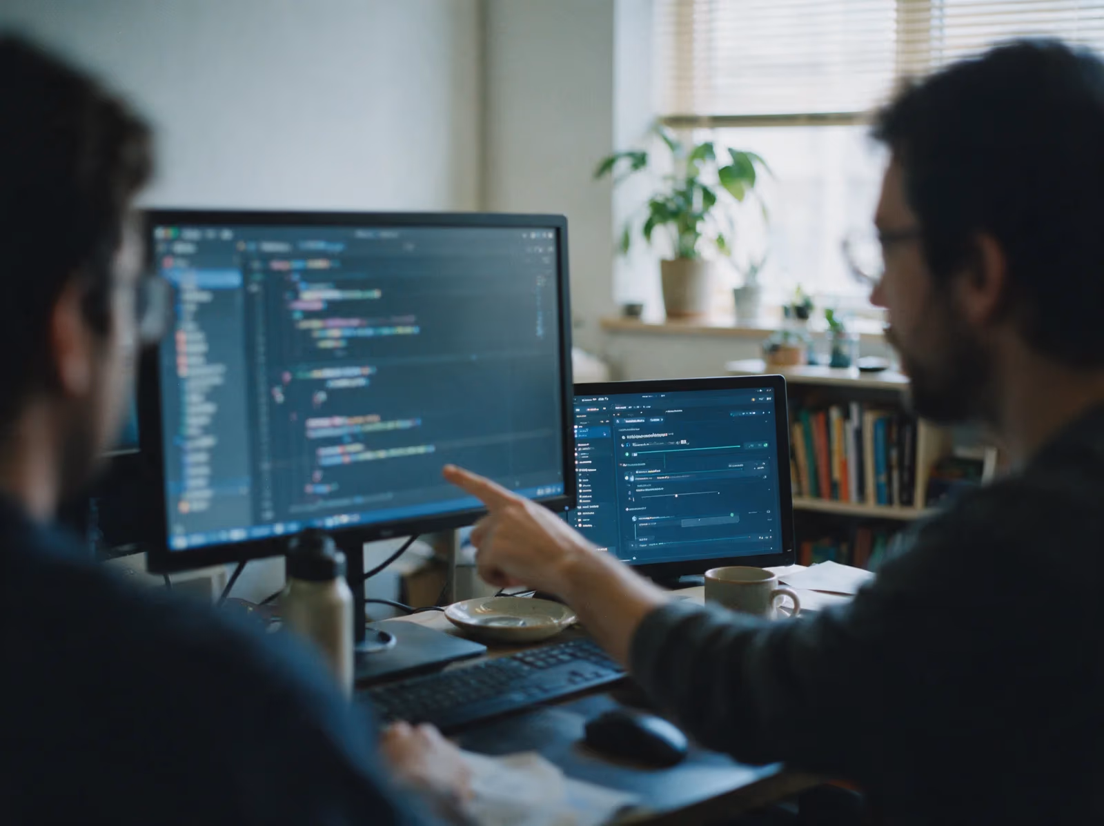 Two engineers reviewing code together at a desk before a release, one pointing at the screen