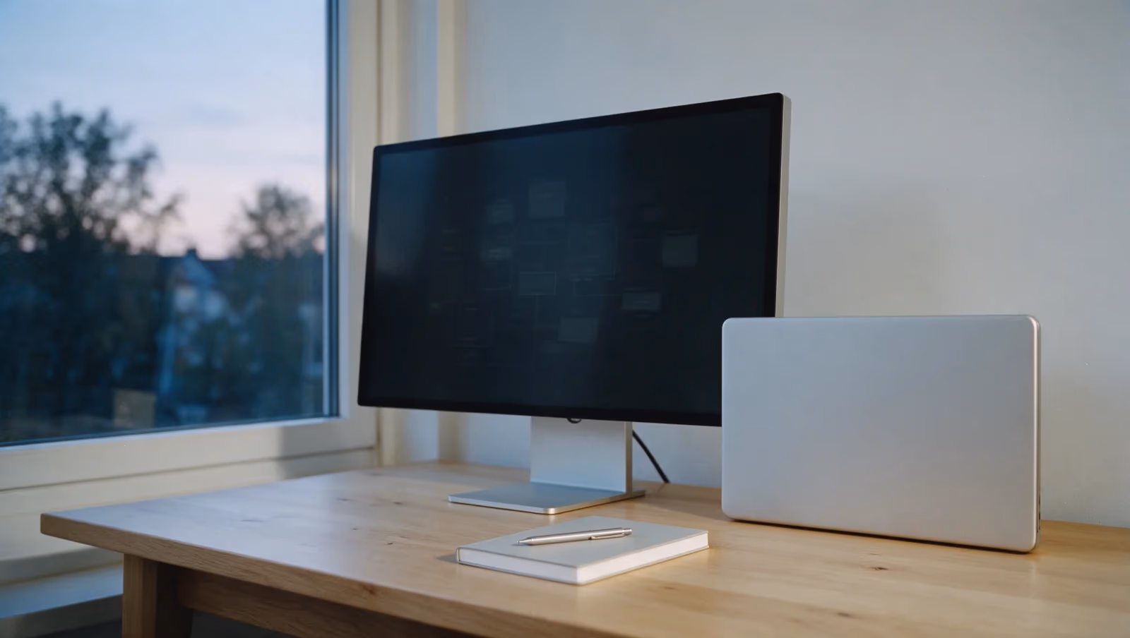 A tidy desk at dusk: an external monitor showing development work beside a closed laptop and a notebook