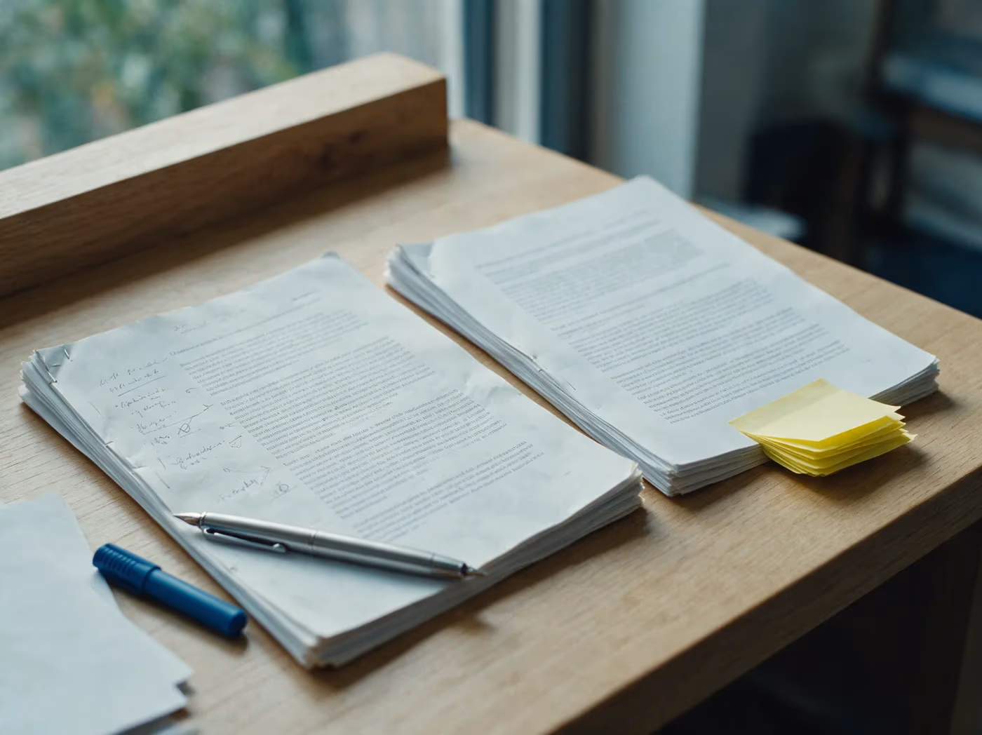 Two printed proposals laid side by side on a desk, one annotated in the margins with a pen resting on it