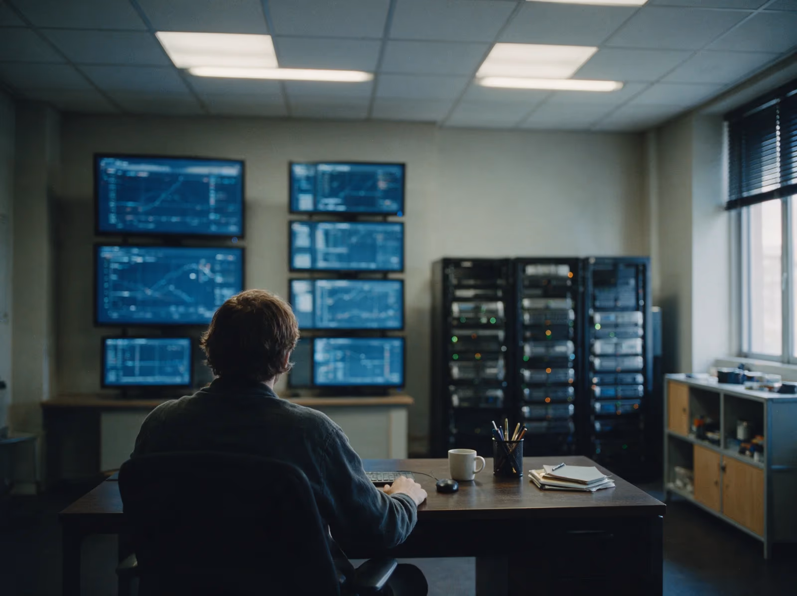 An operator seen from behind at a desk, watching a wall of monitoring displays in a quiet operations room