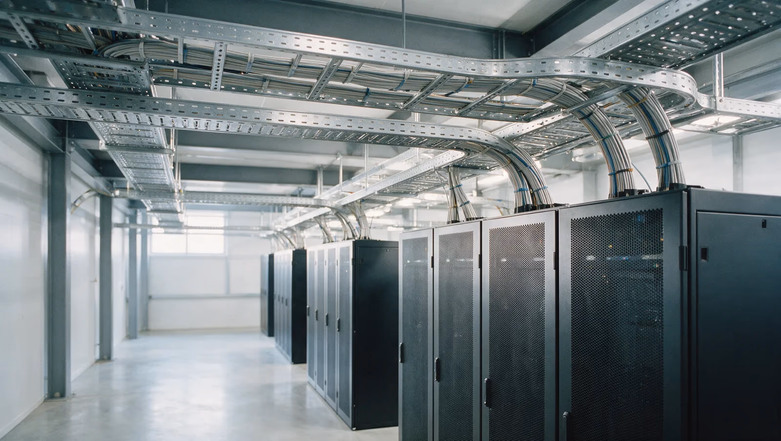 A modern fibre backbone room: steel cable trays sweeping neatly bundled fibre into network cabinets