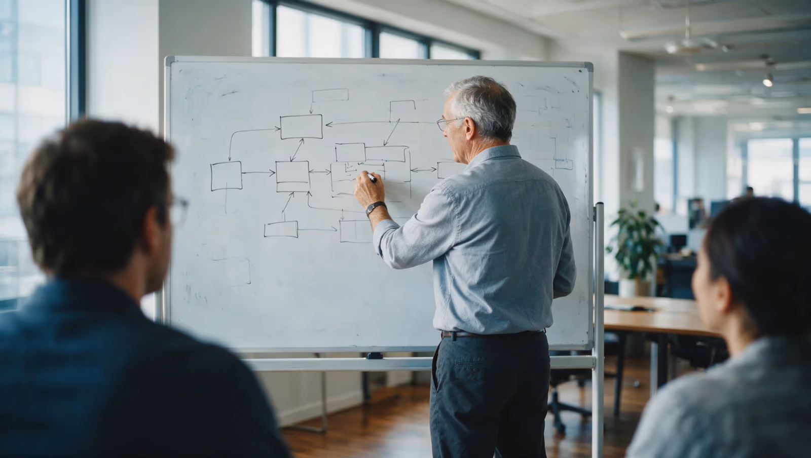 A senior technology leader sketching an architecture diagram on a whiteboard while colleagues listen