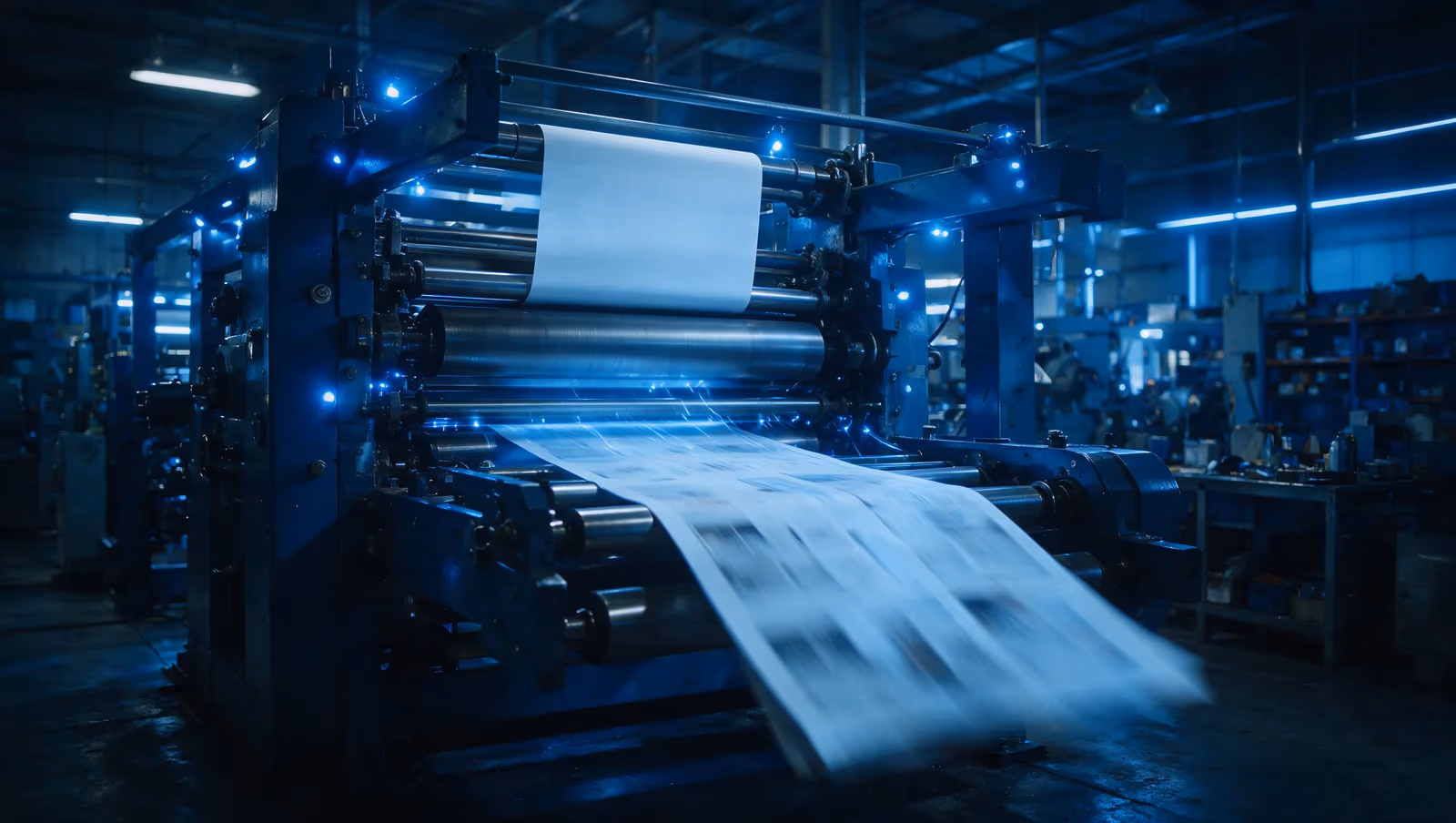 A printing press hall at night, paper web running through the rollers