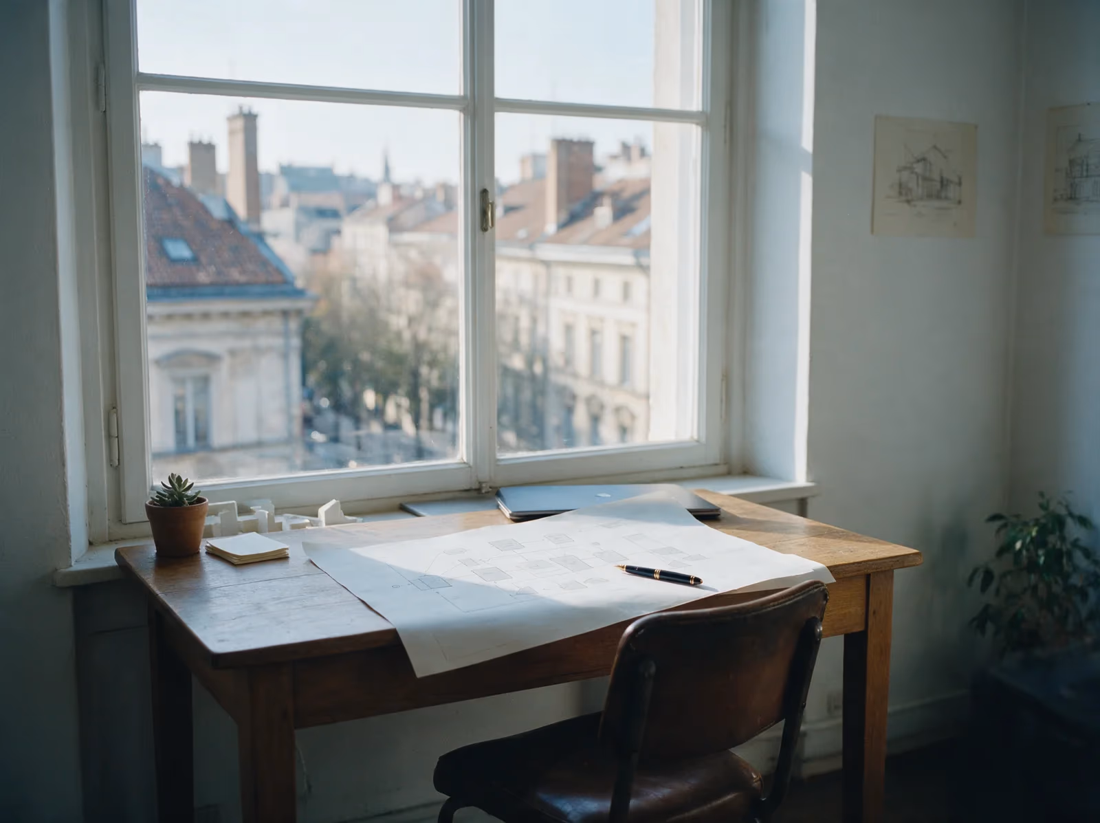 A printed architecture diagram and a fountain pen on a desk by a tall window, European rooftops beyond