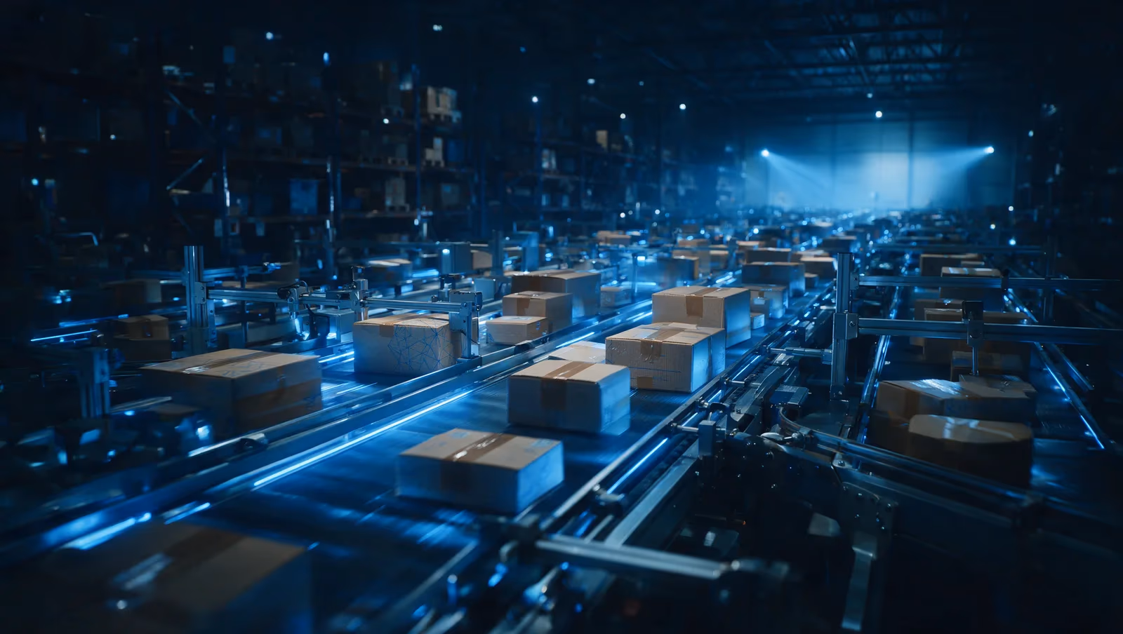 An automated fulfilment centre at night, conveyors under blue guidance lights