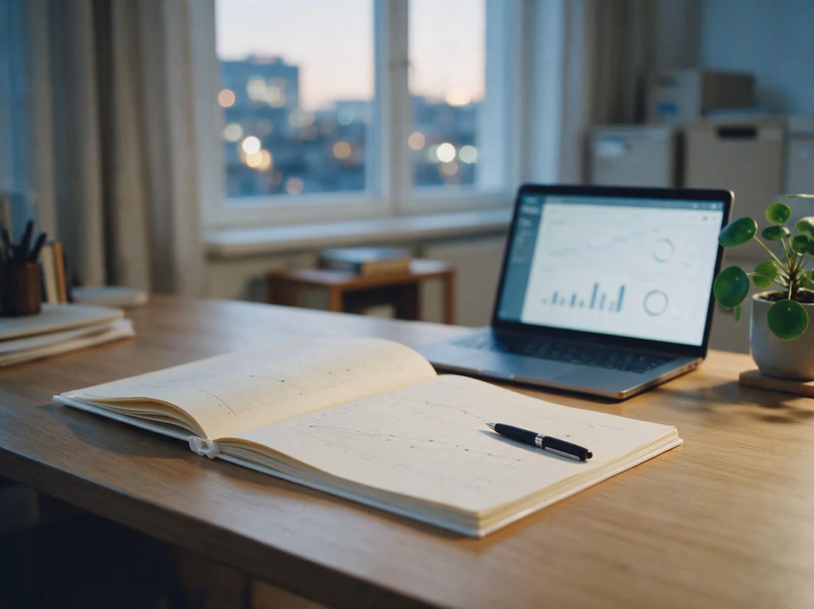 A printed report of growth charts on a tidy desk beside a laptop showing an analytics dashboard, in evening light