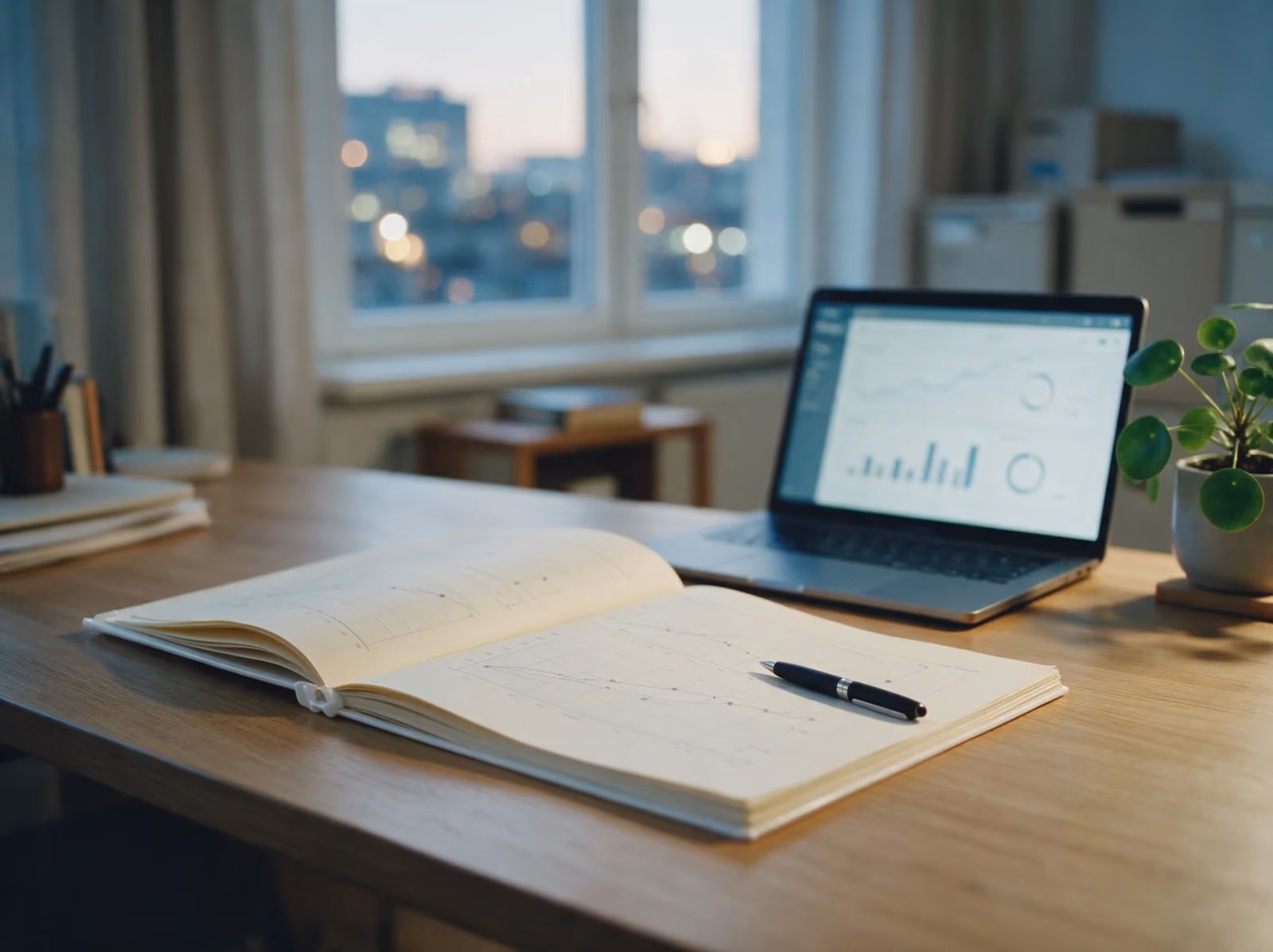 A printed report of growth charts on a tidy desk beside a laptop showing an analytics dashboard, in evening light