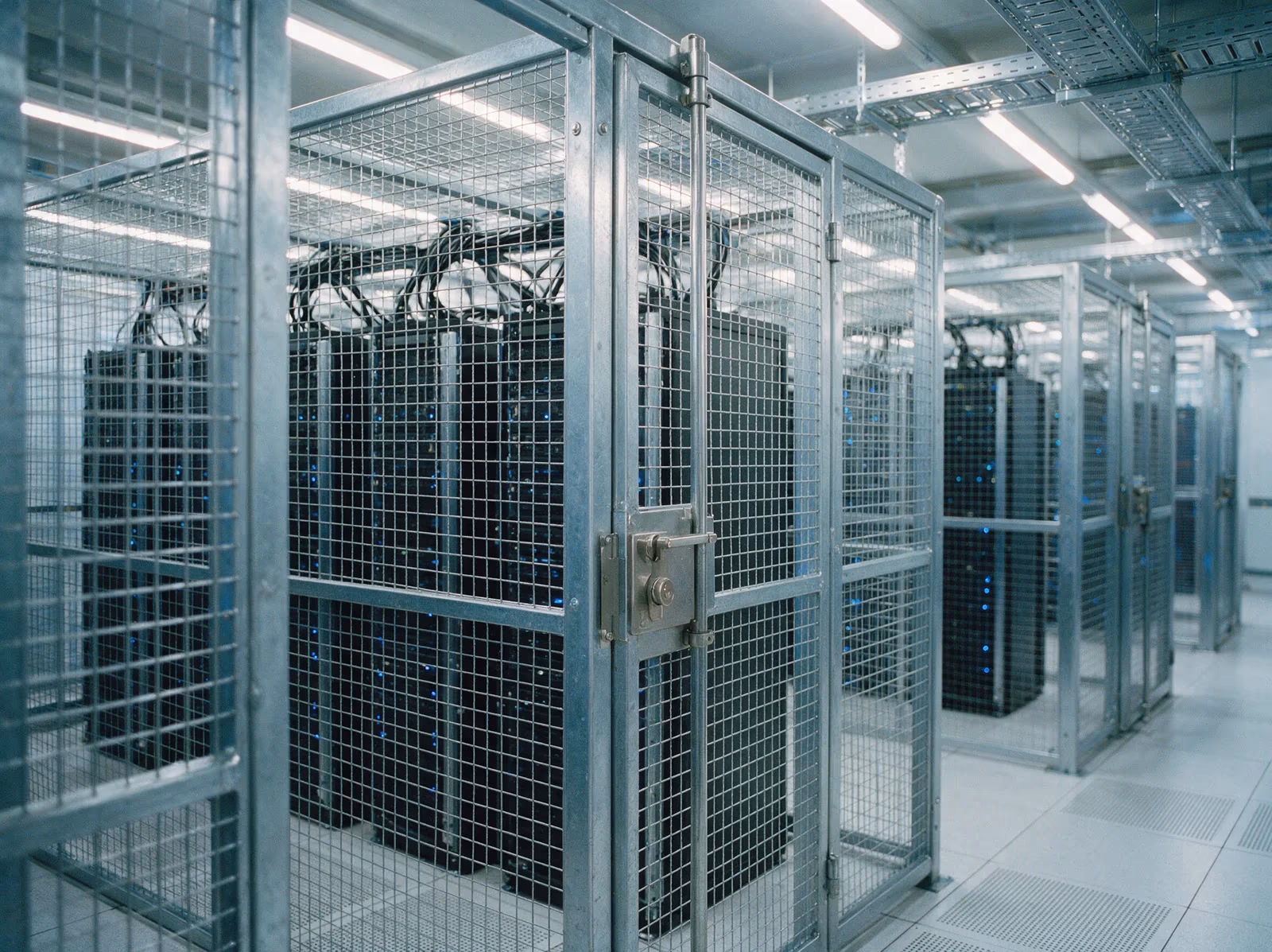Server racks behind locked steel mesh security cages in a clean data-centre hall